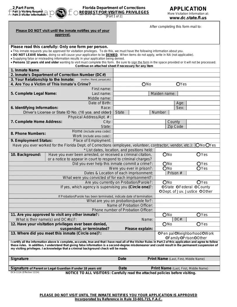Free Department Of Corrections Visitation Florida Form