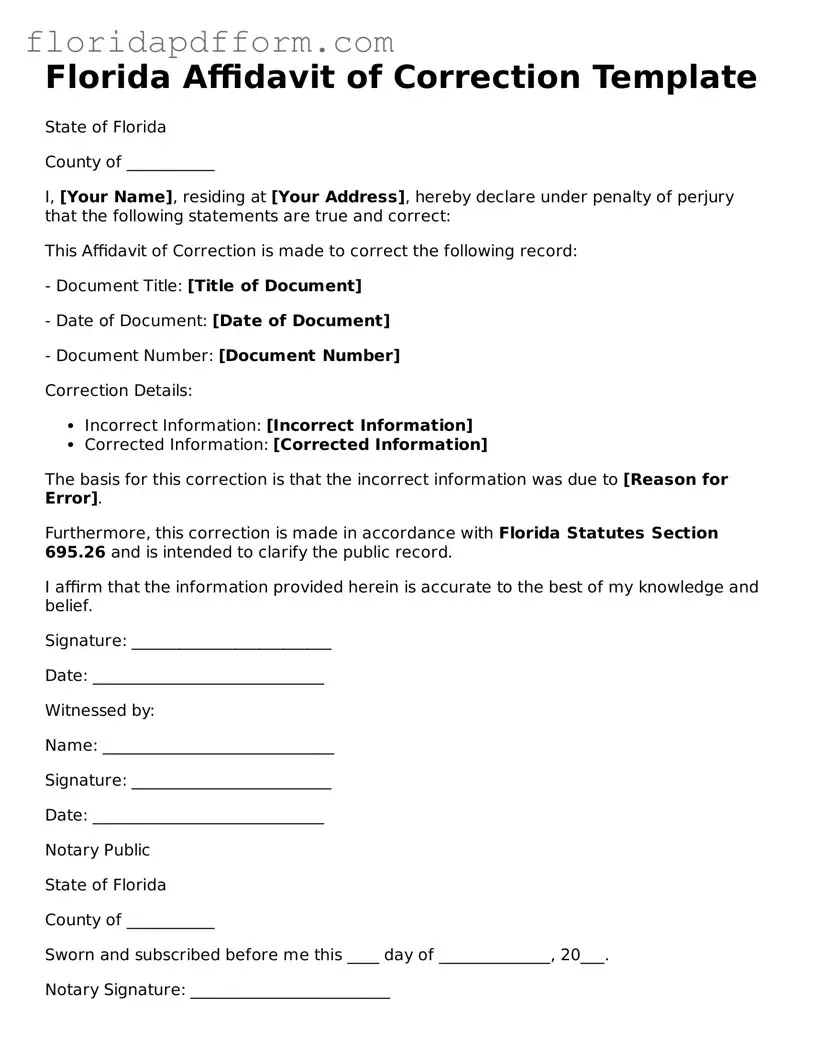 Blank  Affidavit of Correction Template for Florida