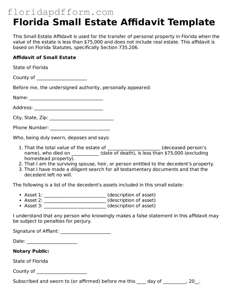 Blank  Small Estate Affidavit Template for Florida