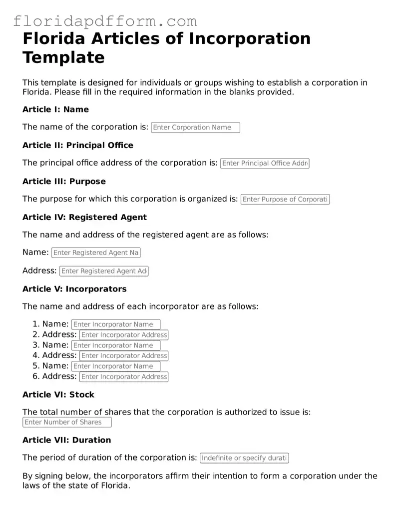 Blank Articles of Incorporation Template for Florida