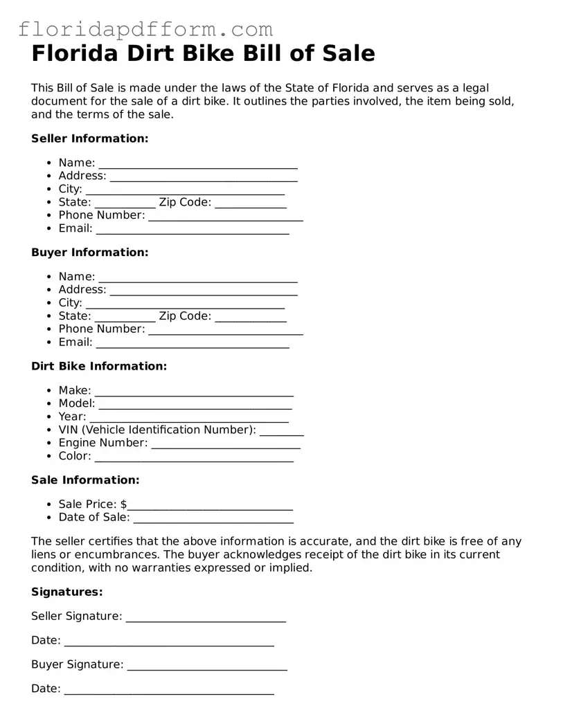 Blank Dirt Bike Bill of Sale Template for Florida
