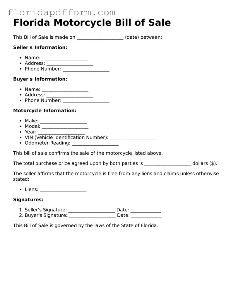 Blank  Motorcycle Bill of Sale Template for Florida