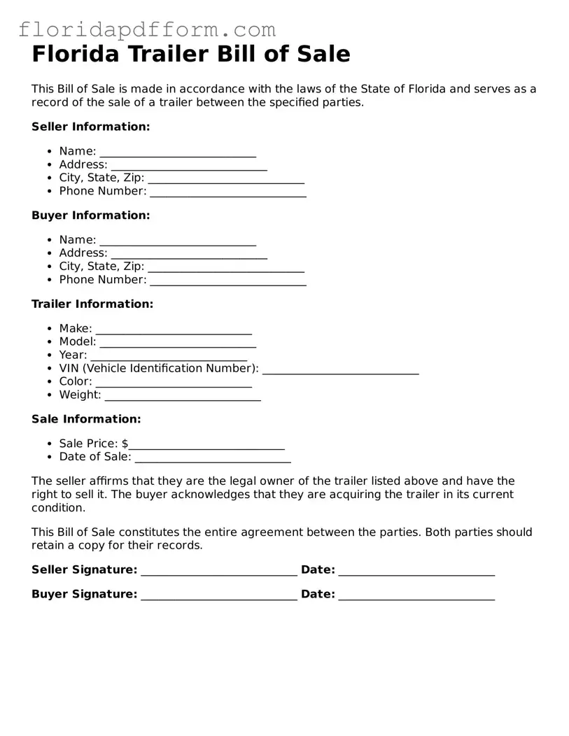 Blank  Trailer Bill of Sale Template for Florida