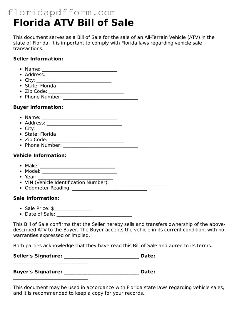 Blank ATV Bill of Sale Template for Florida