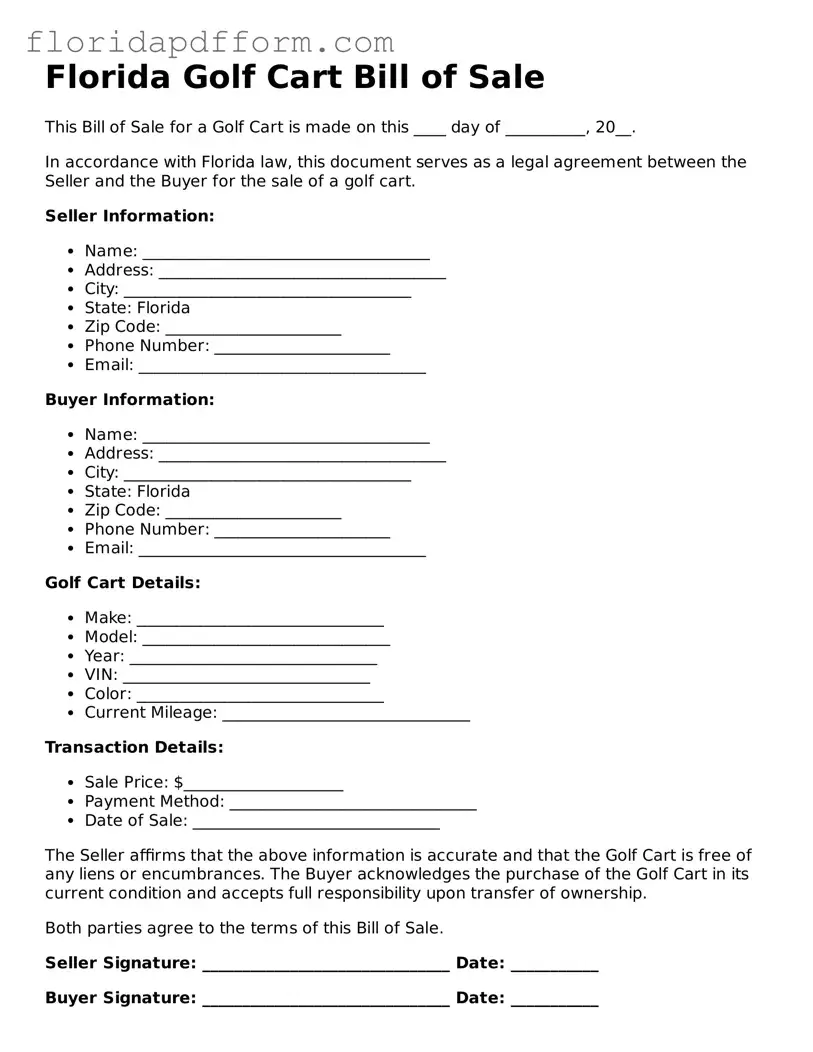 Blank  Golf Cart Bill of Sale Template for Florida