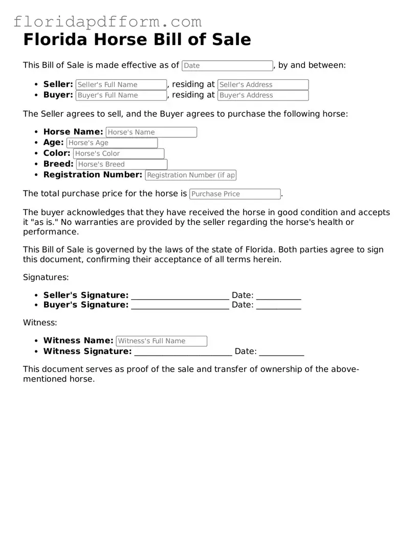 Blank  Horse Bill of Sale Template for Florida