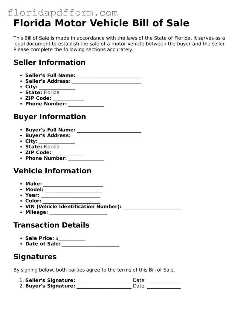 Blank Motor Vehicle Bill of Sale Template for Florida