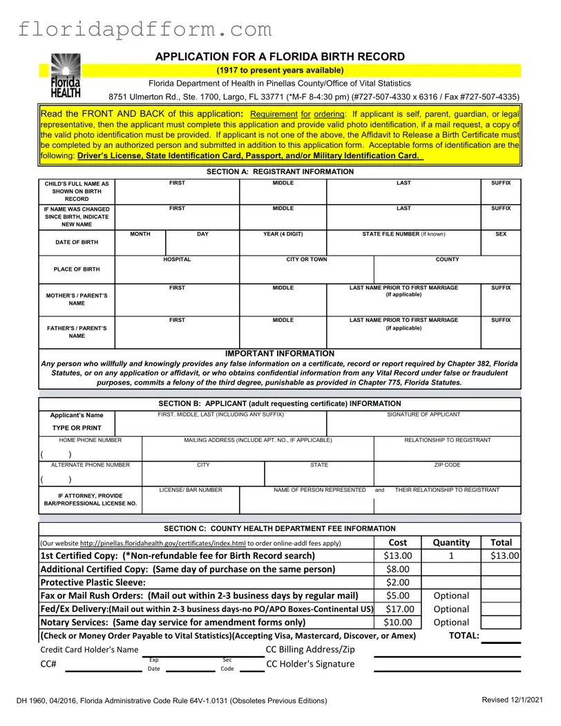 Free Florida Birth Certificate Form