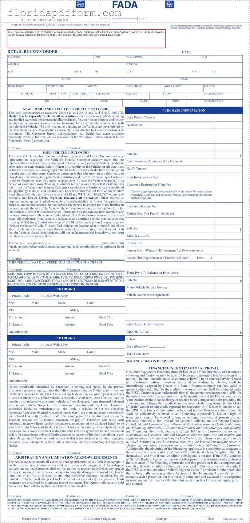 Free Florida Buyers Order Form