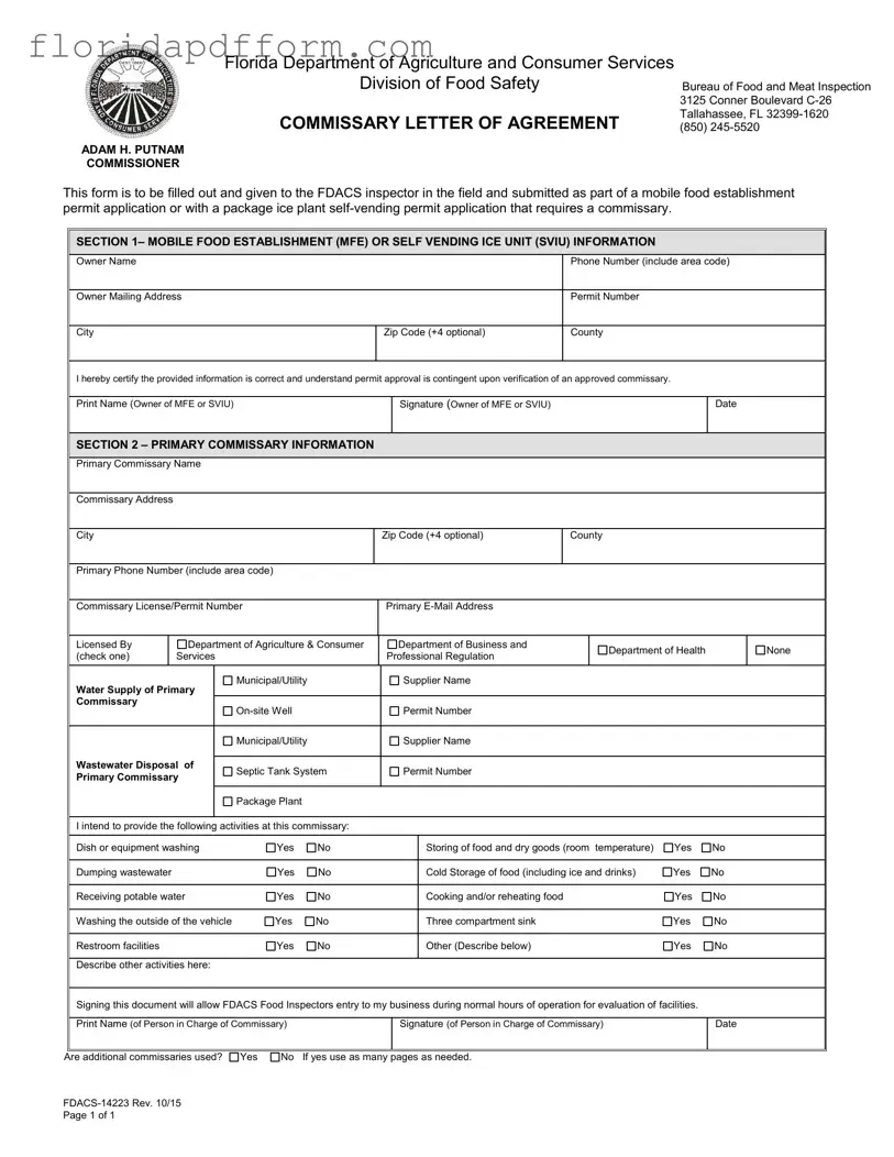 Free Florida Commissary Letter Of Agreement Form