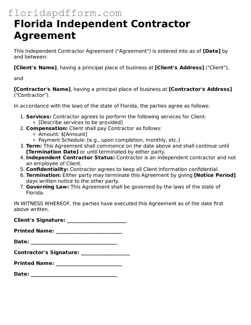 Blank  Independent Contractor Agreement Template for Florida