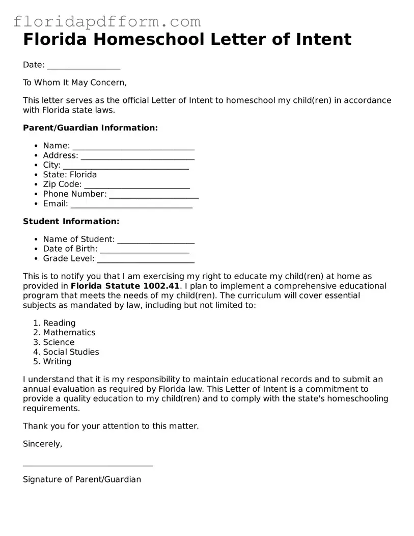 Blank  Homeschool Letter of Intent Template for Florida