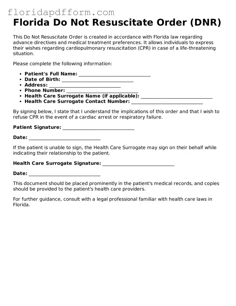 Blank  Do Not Resuscitate Order Template for Florida