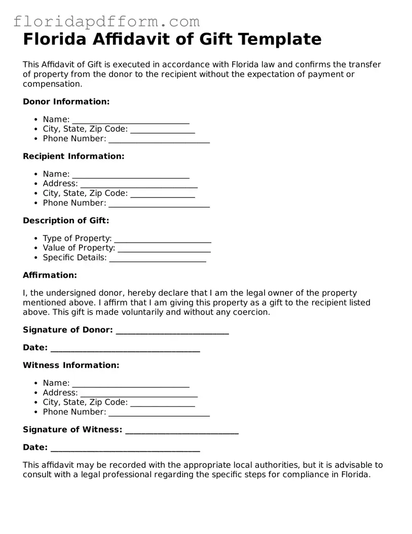 Blank  Affidavit of Gift Template for Florida
