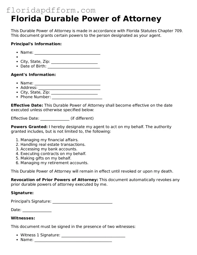 Blank  Durable Power of Attorney Template for Florida