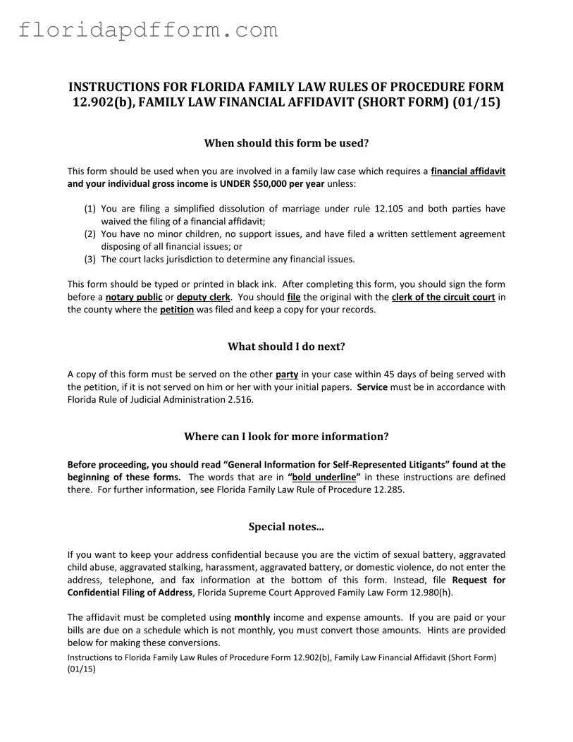 Free Florida Financial Affidavit Short 12.902(b) Form