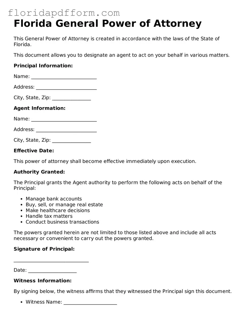 Blank General Power of Attorney Template for Florida