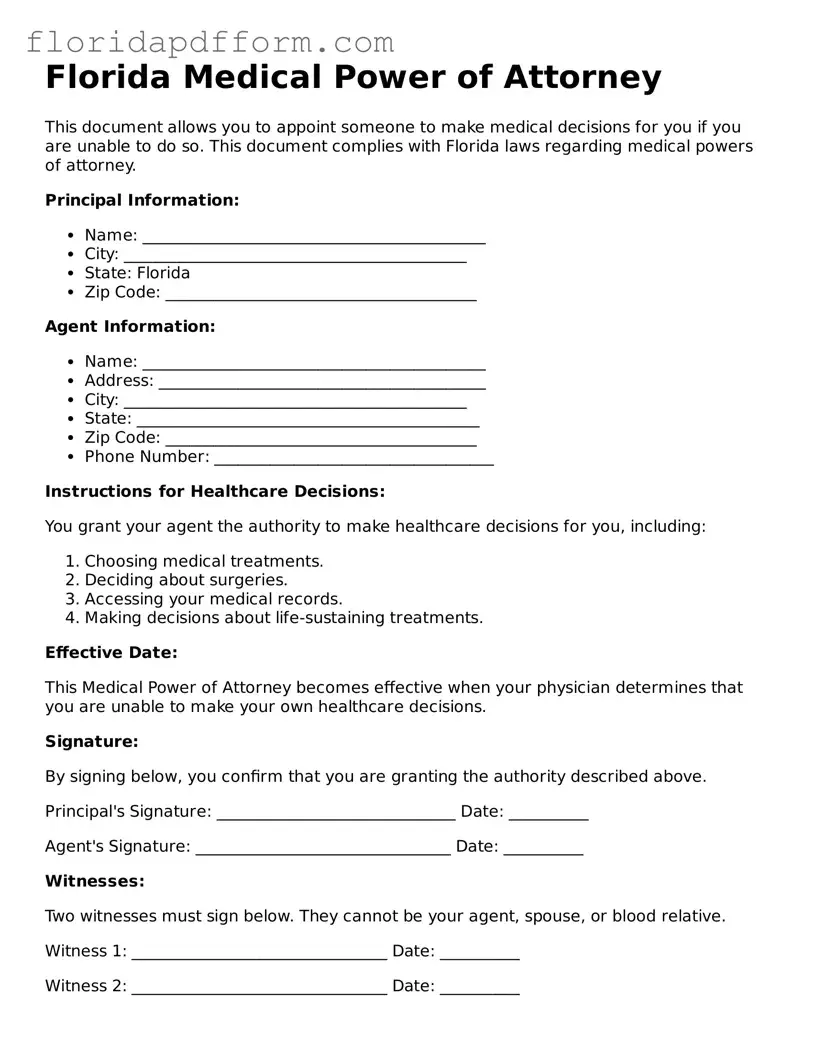 Blank Medical Power of Attorney Template for Florida