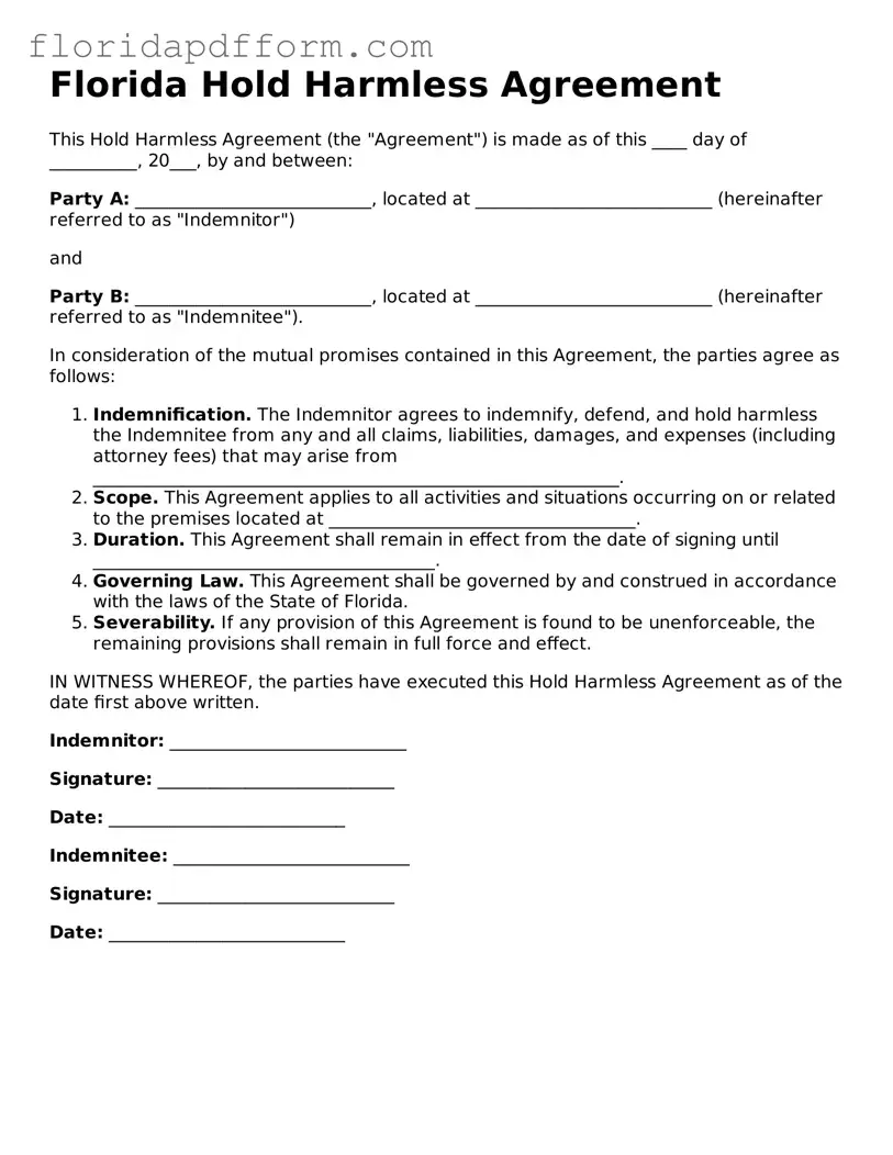 Blank Hold Harmless Agreement Template for Florida