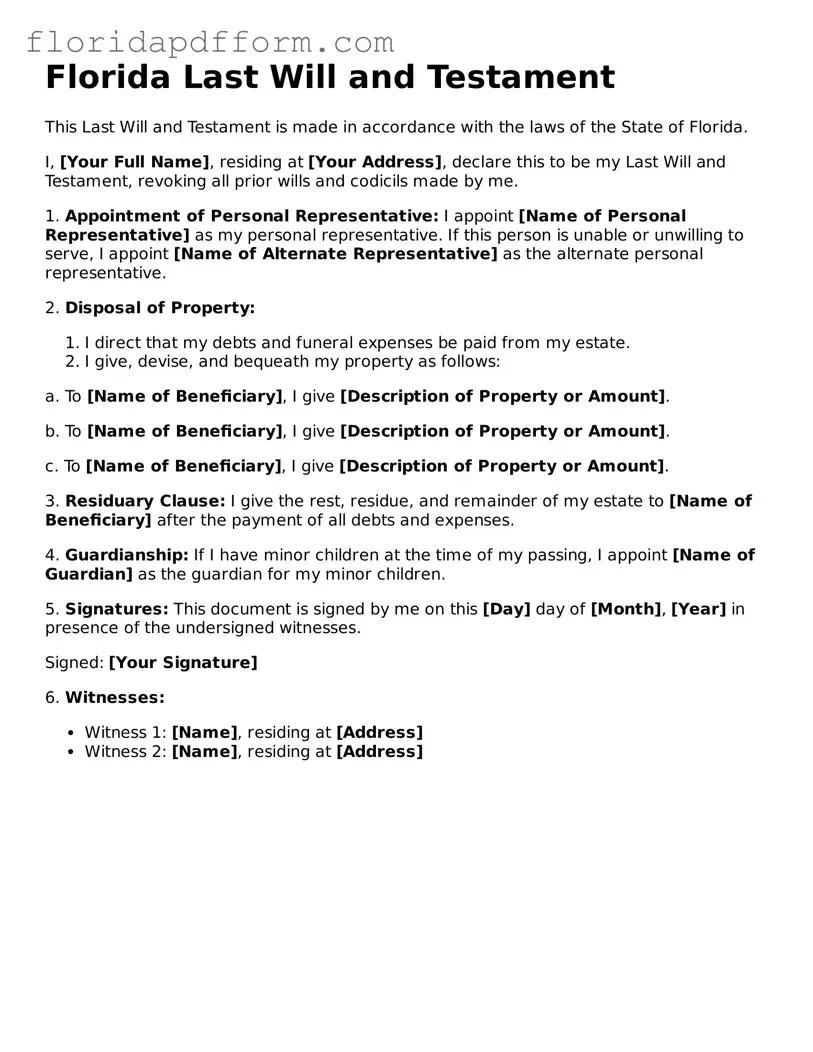 Blank  Last Will and Testament Template for Florida