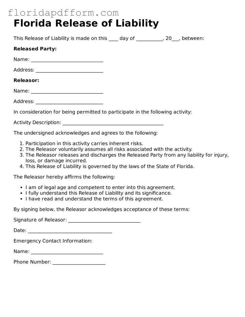 Blank  Release of Liability Template for Florida