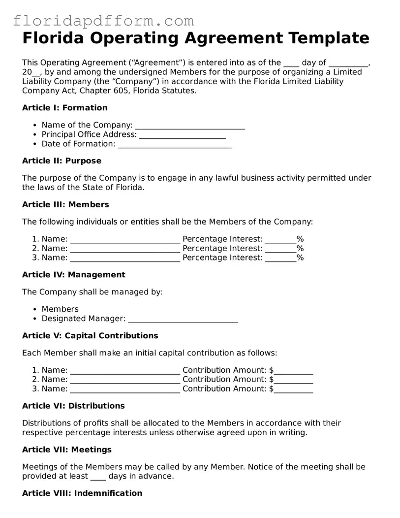 Blank  Operating Agreement Template for Florida