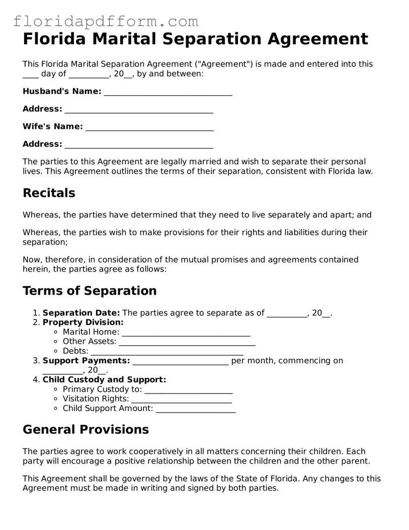 Blank Marital Separation Agreement Template for Florida