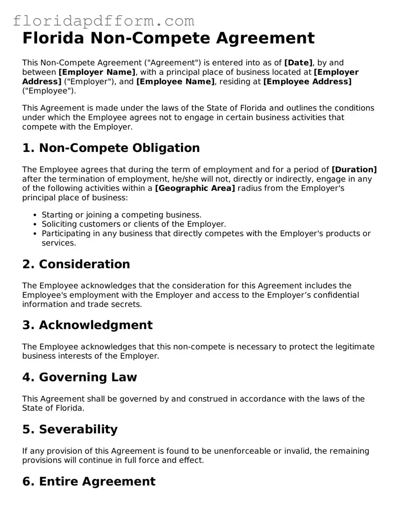 Blank  Non-compete Agreement Template for Florida
