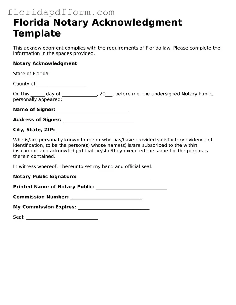 Blank  Notary Acknowledgement Template for Florida