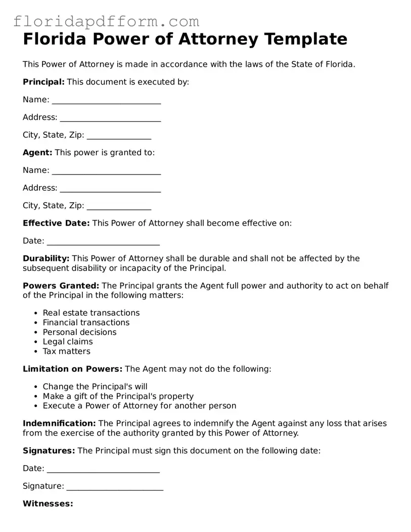 Blank Power of Attorney Template for Florida