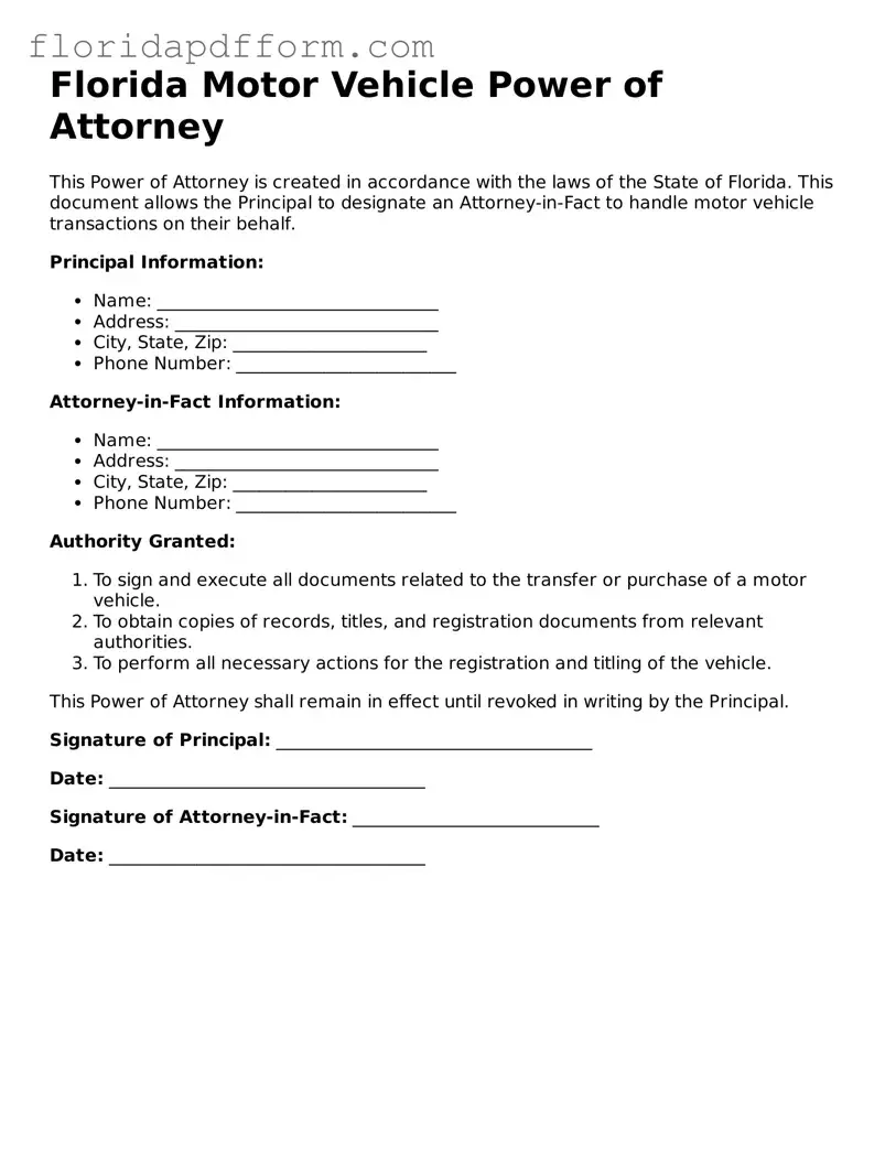 Blank Motor Vehicle Power of Attorney Template for Florida