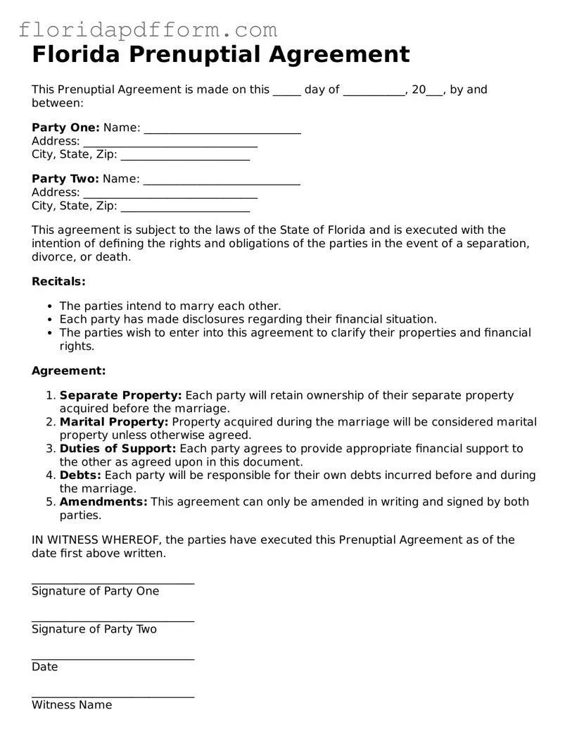 Blank Prenuptial Agreement Template for Florida