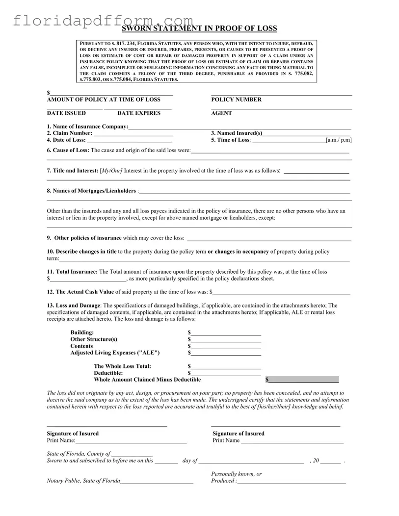 Free Florida Proof Loss Form