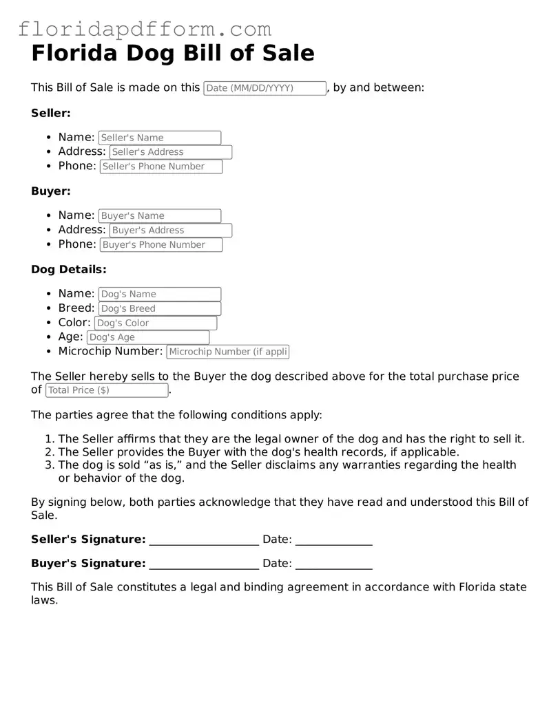 Blank  Dog Bill of Sale Template for Florida