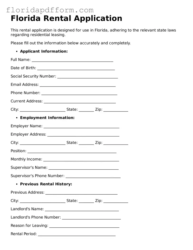Blank  Rental Application Template for Florida