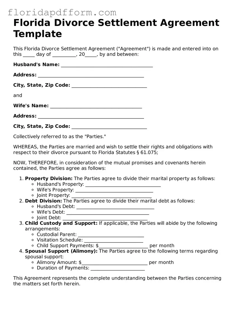 Blank Divorce Settlement Agreement Template for Florida