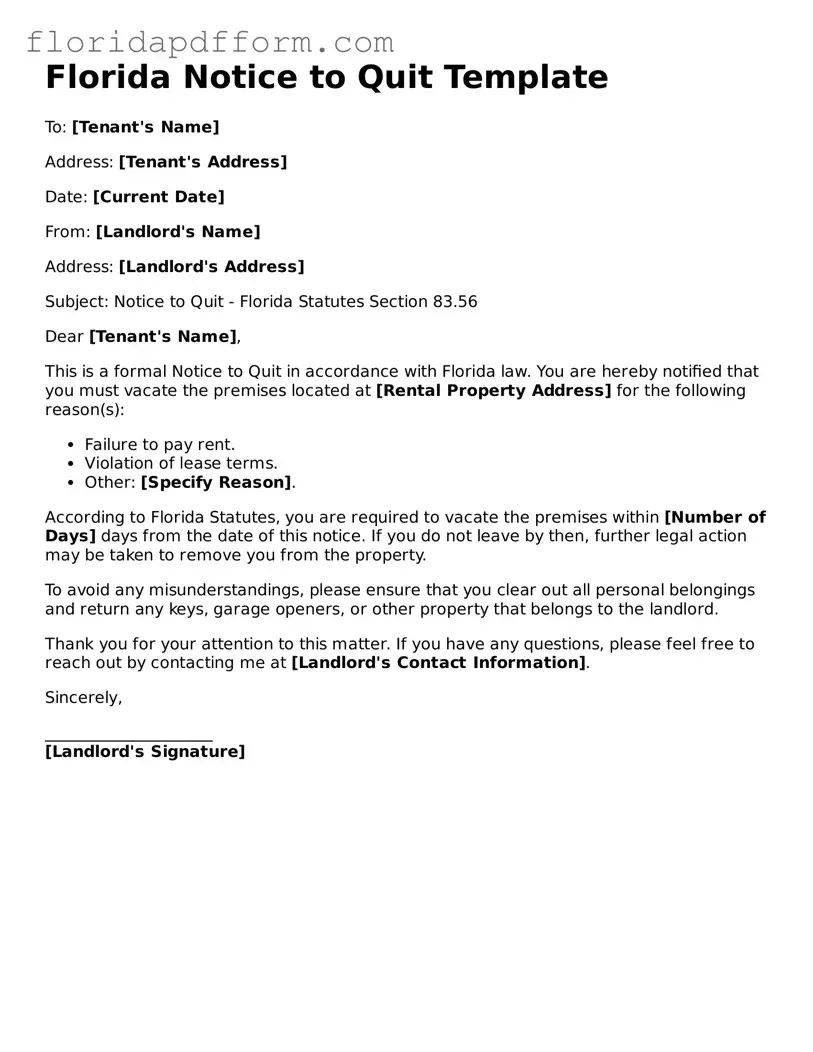 Blank  Notice to Quit Template for Florida