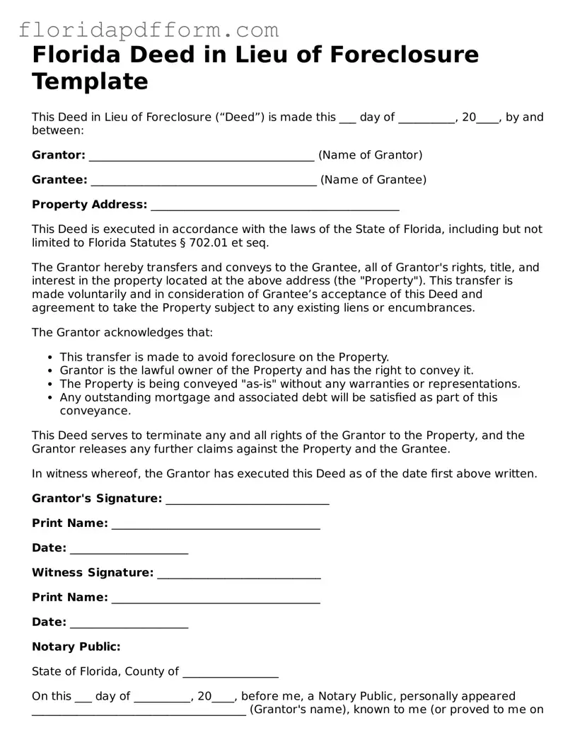 Blank  Deed in Lieu of Foreclosure Template for Florida
