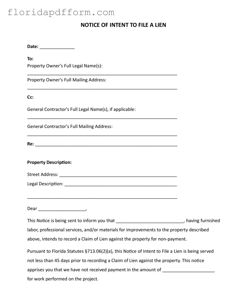 Free Intent To Lien Florida Form