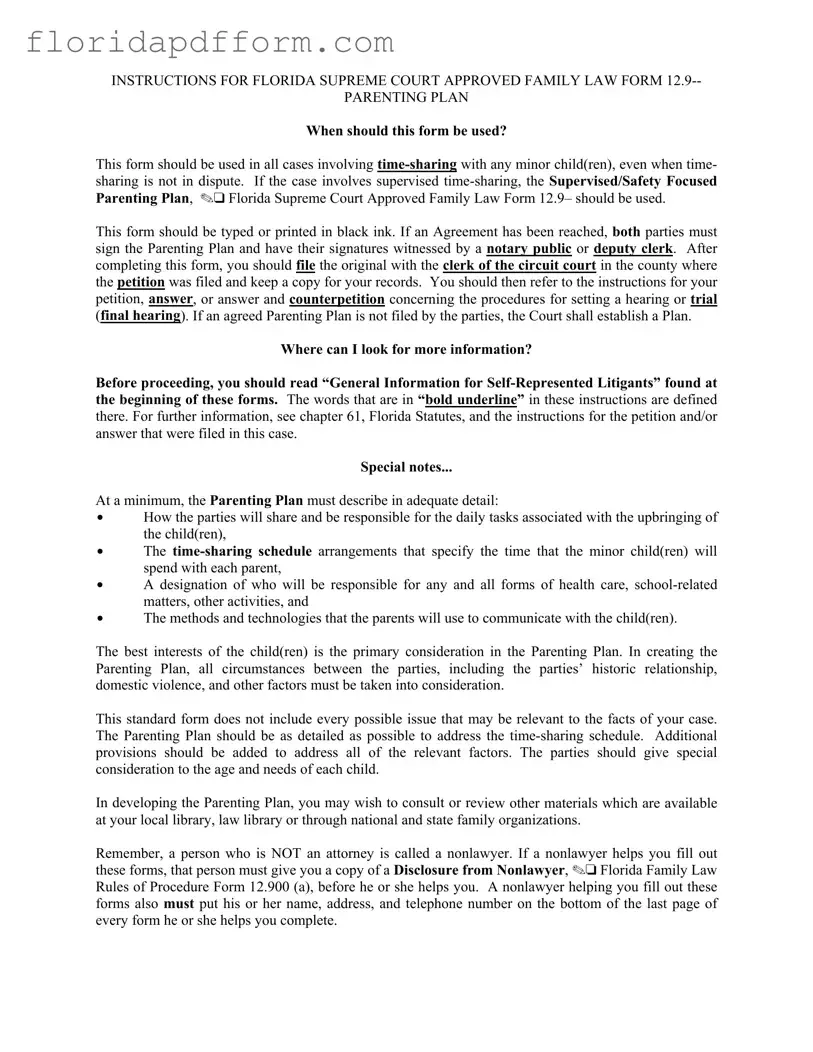 Free Parenting Plan Examples Florida Form