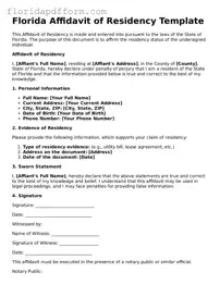 Blank  Affidavit of Residency Template for Florida