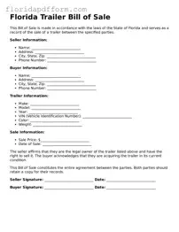 Blank  Trailer Bill of Sale Template for Florida
