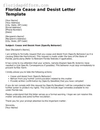 Blank  Cease and Desist Letter Template for Florida